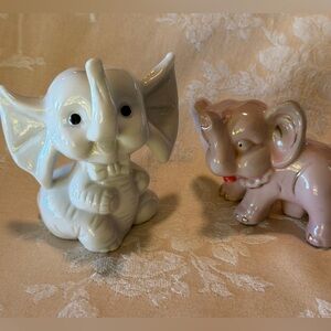 Vintage Ceramic Elephant Figurines Pair Pink Japan & White Mid Century Kitsch